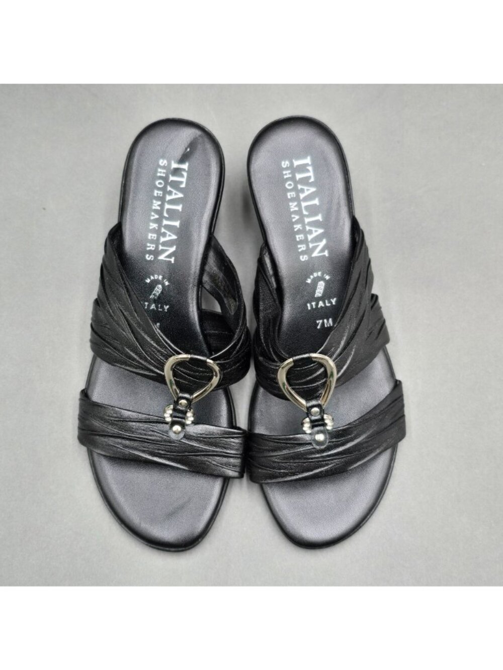 Italian Shoemakers Aleena Black Wedge Sandals Size 7 M Rhinestone Detail Slide - Picture 2 of 8